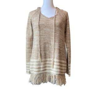 Carol Rose size Small hooded knit sweater fringe boho neutral tan cream pull-on